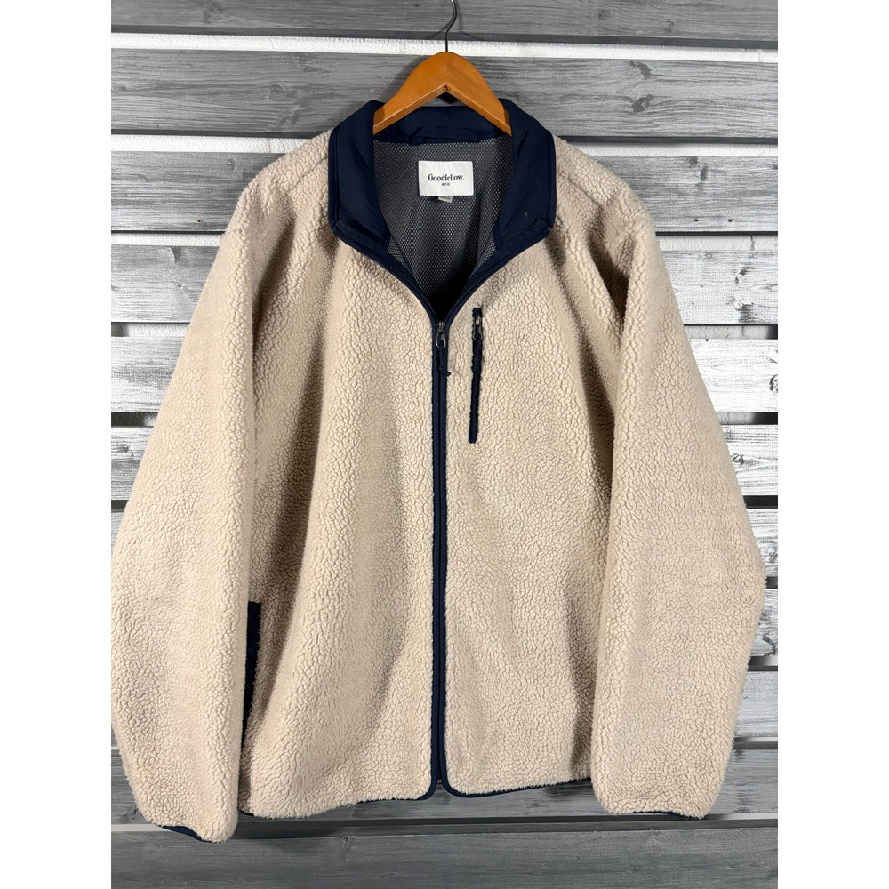 Goodfellow & Co Mens XXL Cream Navy Sherpa Fleece Full Zip Up Jacket